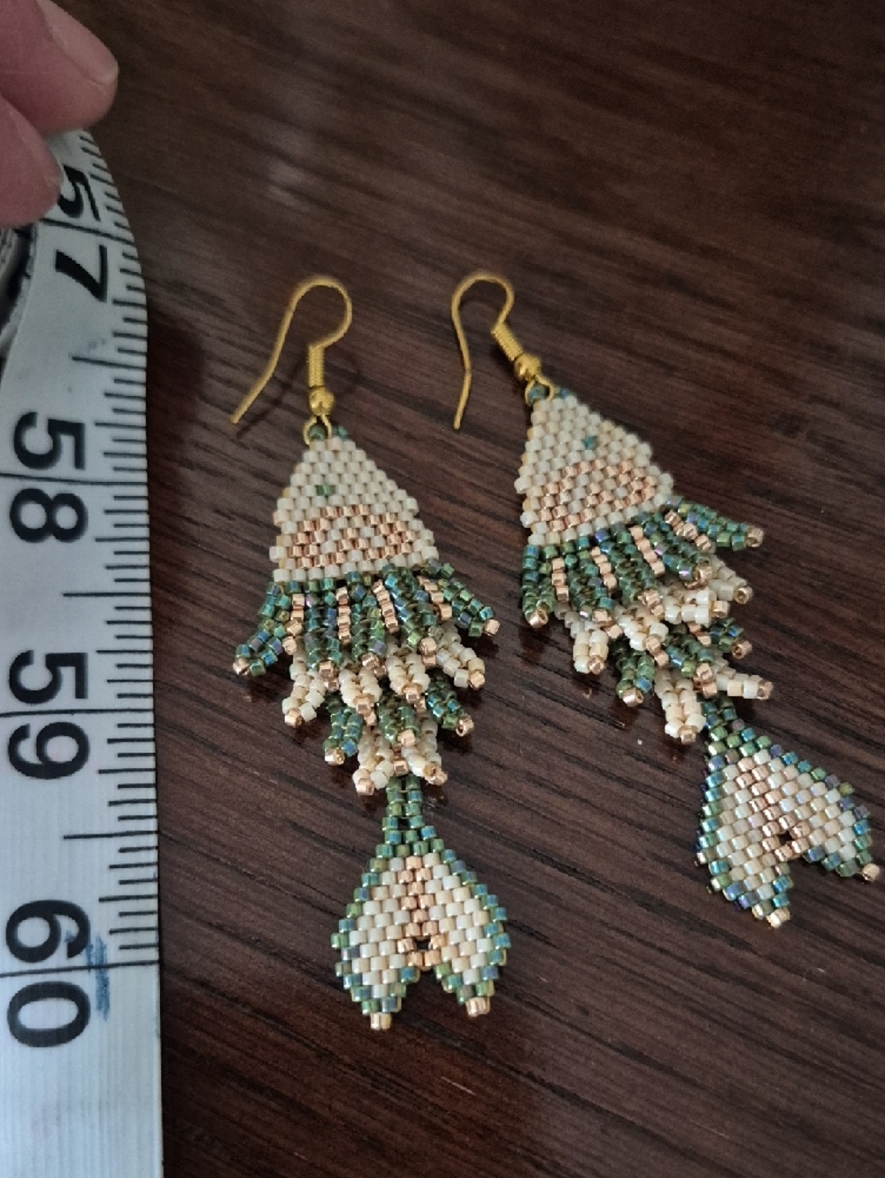 Handmade Green and Cream Seed Bead Fringe Earrings - Picture 2 of 3